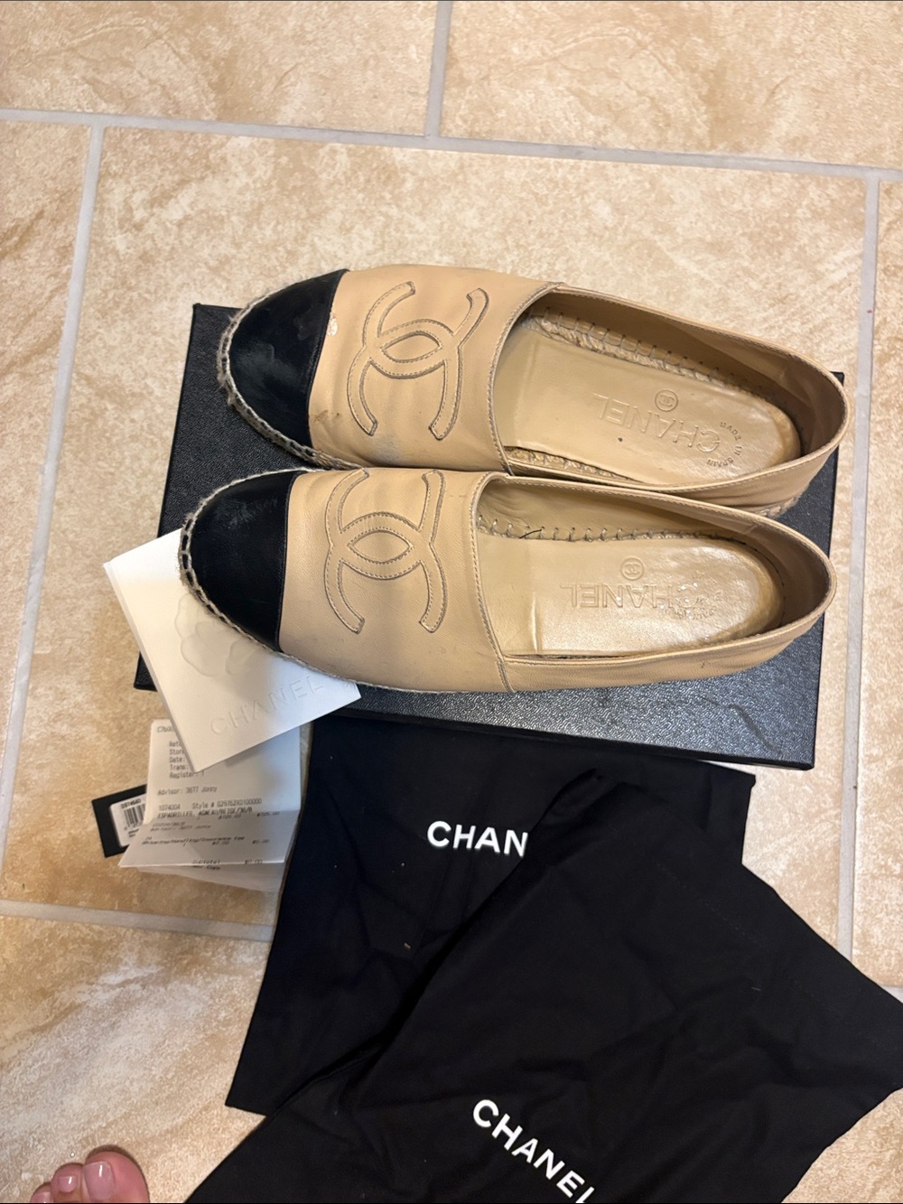 CHANEL Beige Leather Espadrille Slip-Ons with Black Cap Toes - Picture 7 of 9